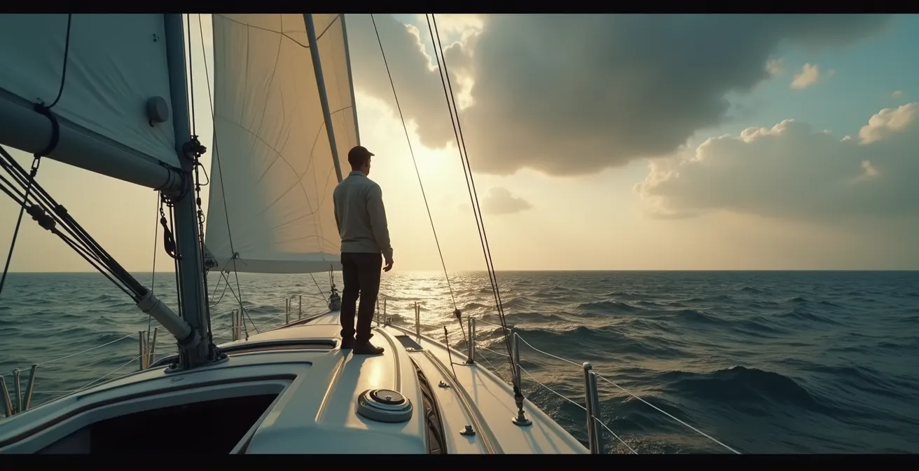 Un marin expérimenté observant l'horizon depuis le pont d'un voilier sous un ciel changeant, évoquant l'anticipation et la maîtrise de la mer