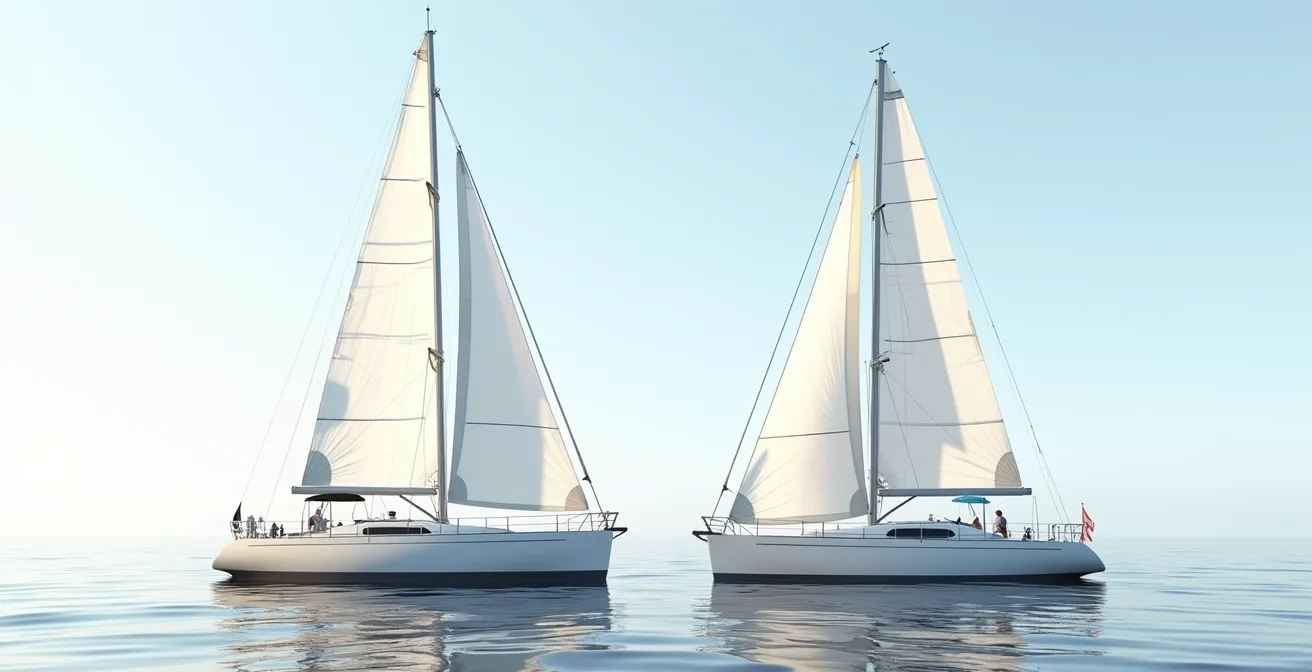 Comparaison visuelle entre gréement en tête et gréement fractionné sur deux voiliers, montrant les différences d'attaches et mât flexible