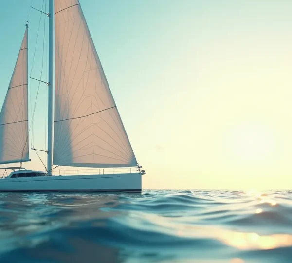 Voilier moderne avec gréement fractionné 7/8 en pleine navigation, mettant en valeur le mât et les voiles dans un contexte maritime dynamique