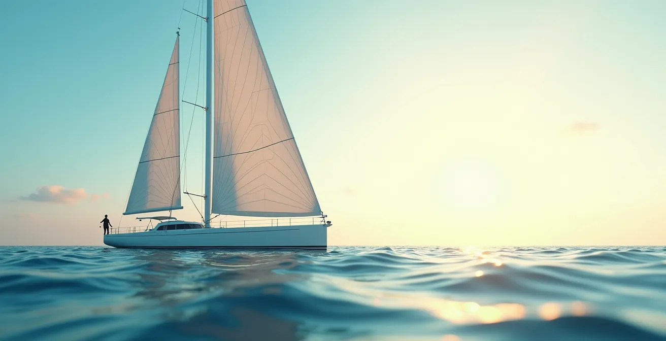 Voilier moderne avec gréement fractionné 7/8 en pleine navigation, mettant en valeur le mât et les voiles dans un contexte maritime dynamique