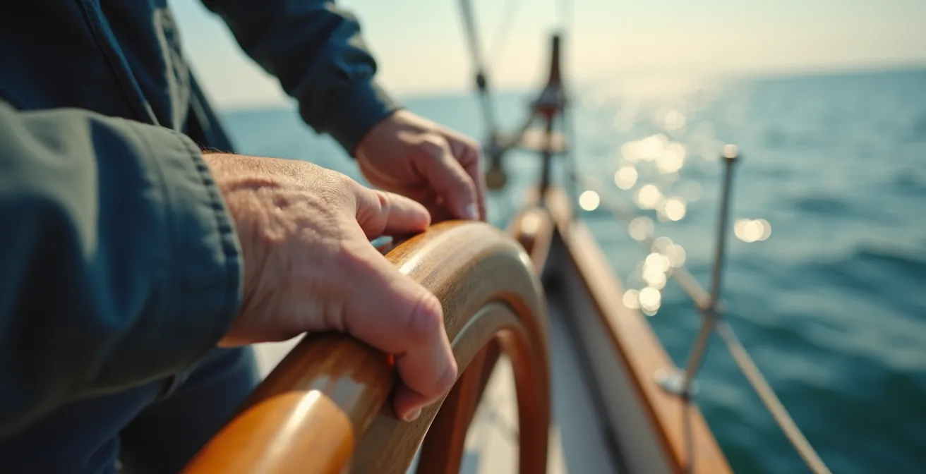 Main de barreur tenant doucement une barre de bateau avec mer calme en arrière-plan, mettant en avant la sensibilité tactile.