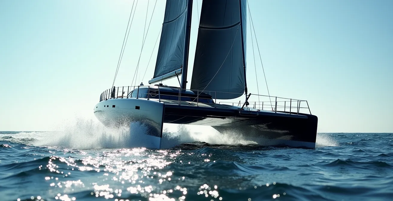 Voilier IMOCA moderne avec foils en pleine navigation rapide en mer agité, voile déployée et bateau en position de vol.