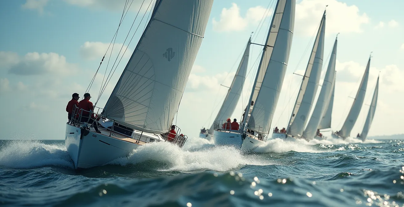 Voiliers de course identiques en pleine régate, illustrant l'équité et la pure compétence en monotypie.