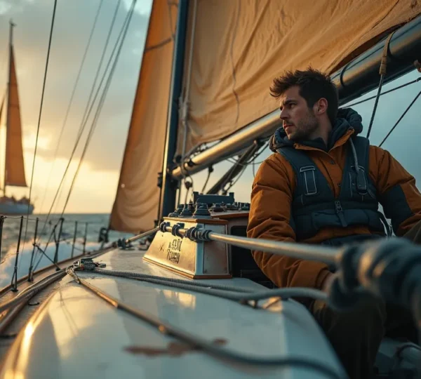 Voilier de course au large en pleine mer avec un skipper concentré sous un ciel dramatique