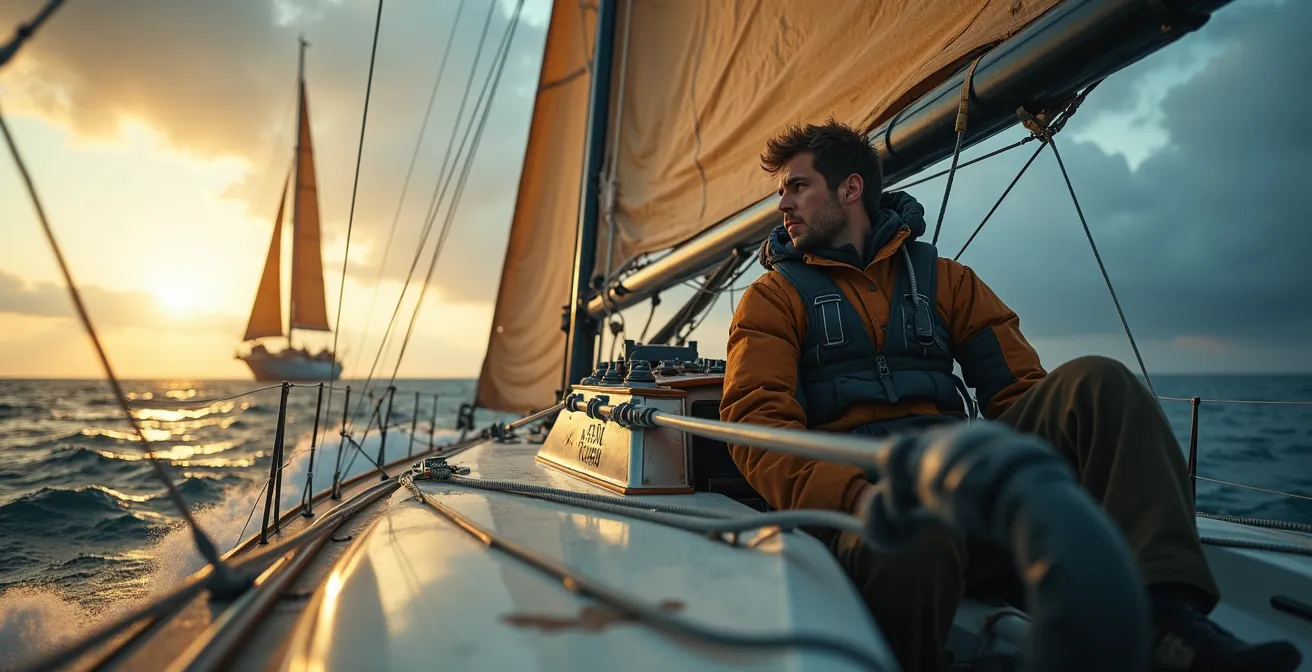 Voilier de course au large en pleine mer avec un skipper concentré sous un ciel dramatique