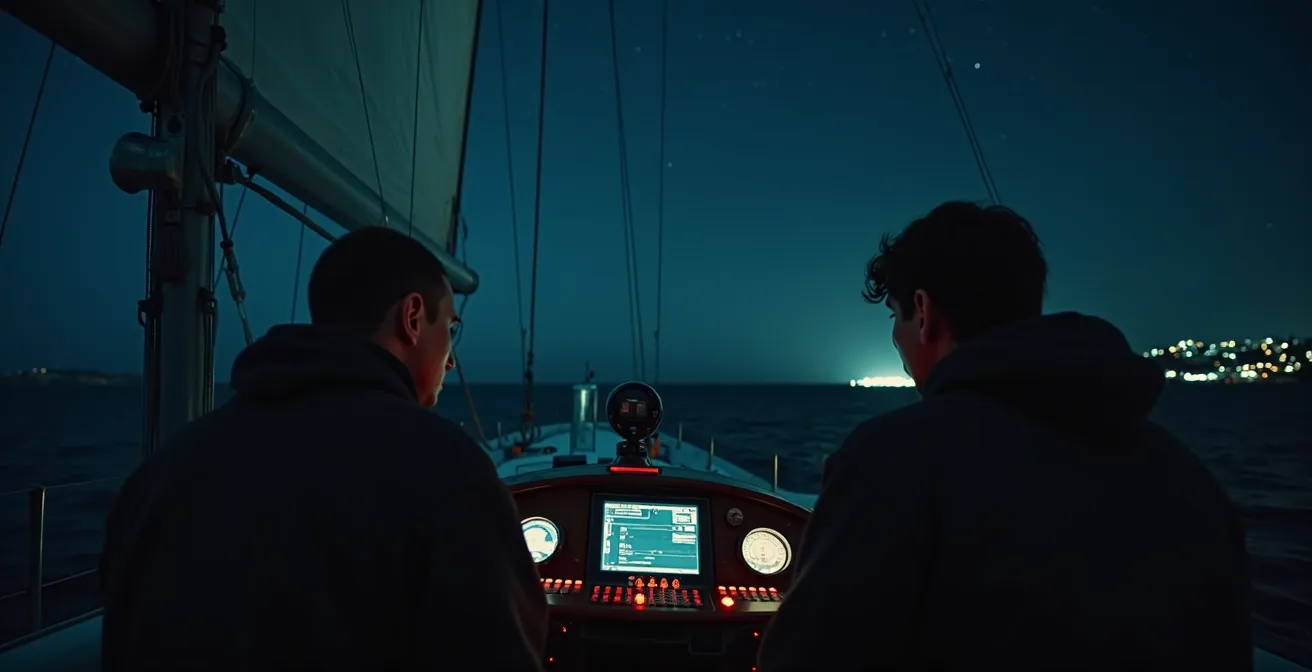 Bateau naviguant de nuit près de la côte avec équipage concentré sous un ciel étoilé et feux maritimes visibles