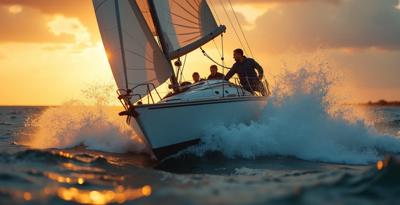 Voilier franchissant une vague en mer agitée, avec éclaboussures et mouvement dynamique illustrant l'équilibre et la synchronisation barre-écoute.