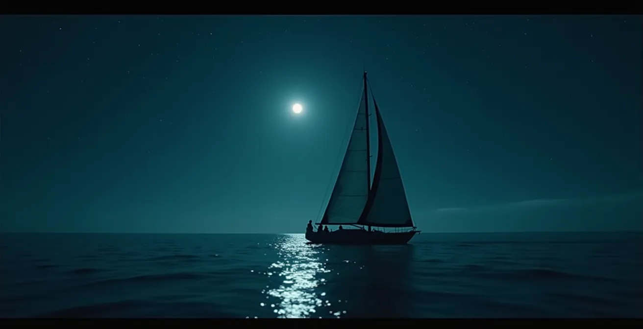 Un skipper seul sur son bateau de nuit, silhouette méditative sous un ciel étoilé, symbolisant la solitude et réflexion intense