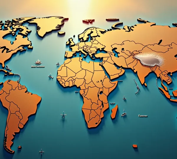 Carte du monde stylisée avec des parcours de régates marqués, des voiliers en course et des éléments nautiques symboliques