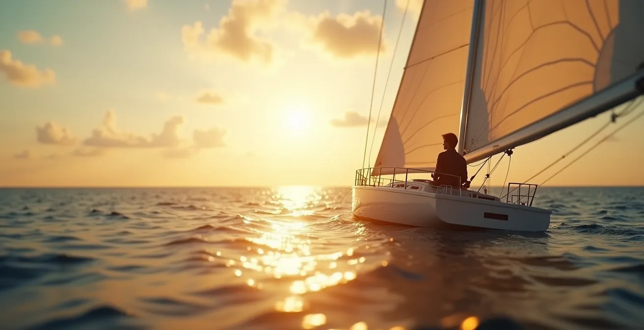 Un marin contemplant l'horizon à bord d'un voilier, capturant l'essence des envies profondes de navigation au-delà de la technique