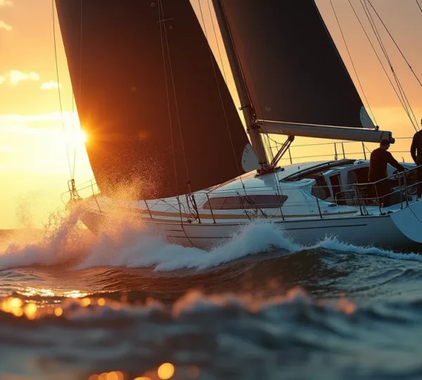 Voilier moderne en pleine course avec équipage concentré et dynamique, mettant en scène la quête de performance par les gains marginaux