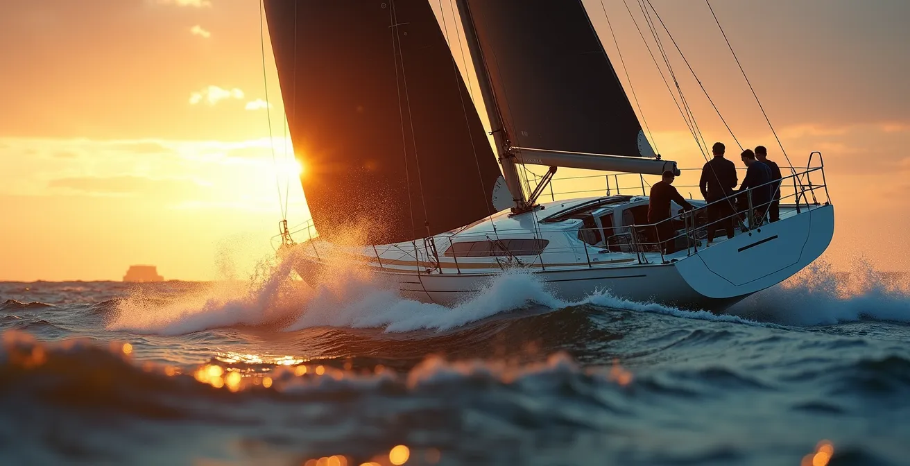 Voilier moderne en pleine course avec équipage concentré et dynamique, mettant en scène la quête de performance par les gains marginaux