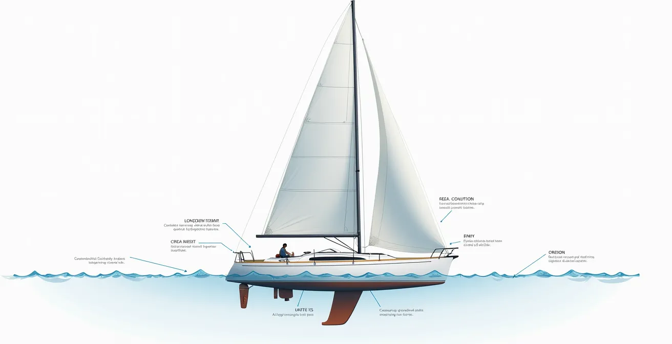 Diagramme illustrant le réglage précis de l’assiette longitudinale et ses effets sur la vitesse d’un voilier au portant