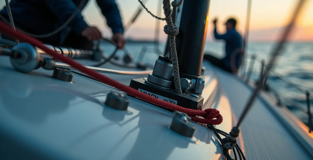 Voilier en navigation avec focus sur le pataras et son système de réglage hydraulique et palan textile