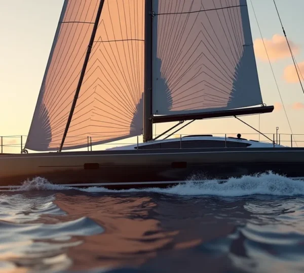 Voilier moderne en matériaux composites naviguant en mer avec une lumière naturelle valorisant la coque et les fibres visibles