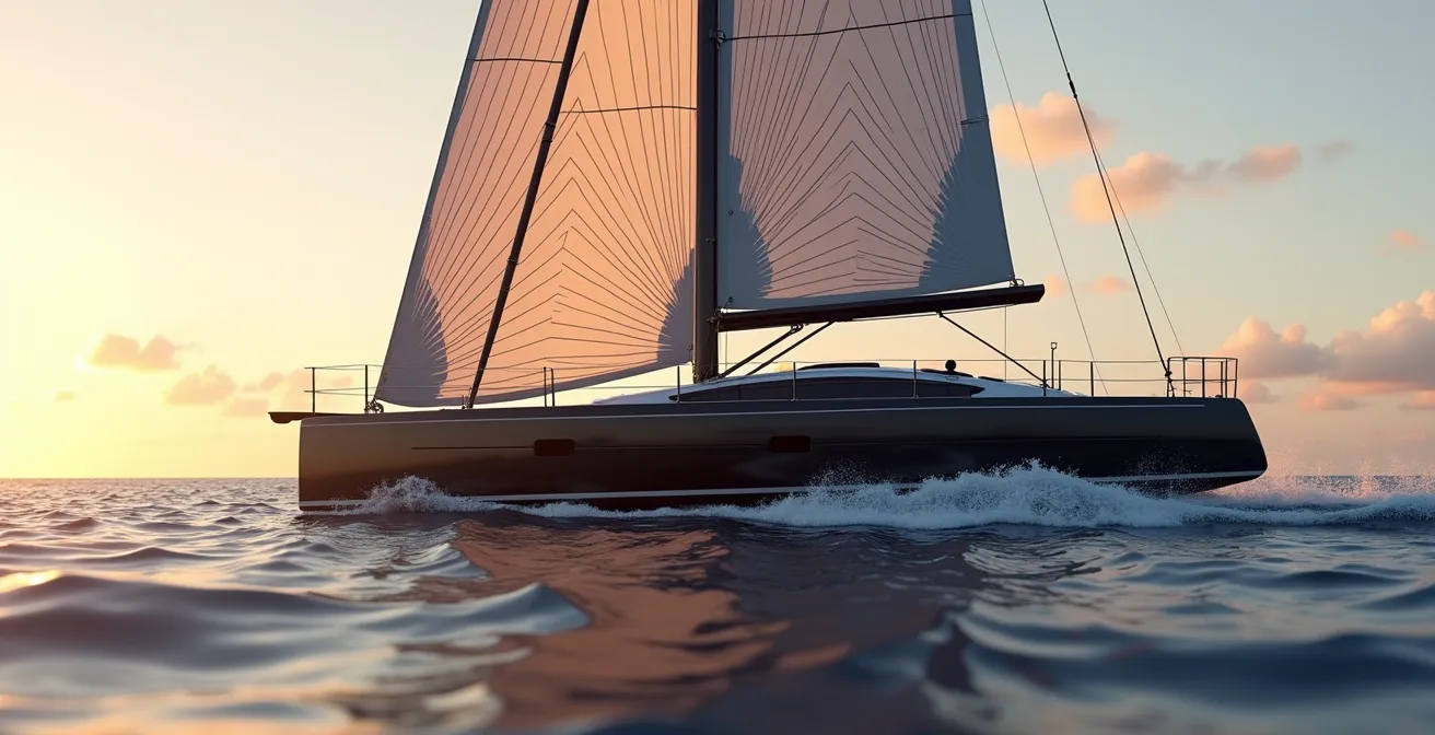 Voilier moderne en matériaux composites naviguant en mer avec une lumière naturelle valorisant la coque et les fibres visibles