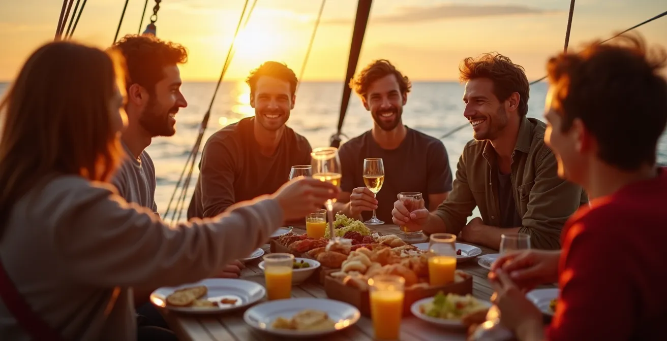 Équipage de voile partageant un repas convivial sur le pont, dans une ambiance chaleureuse et détendue.