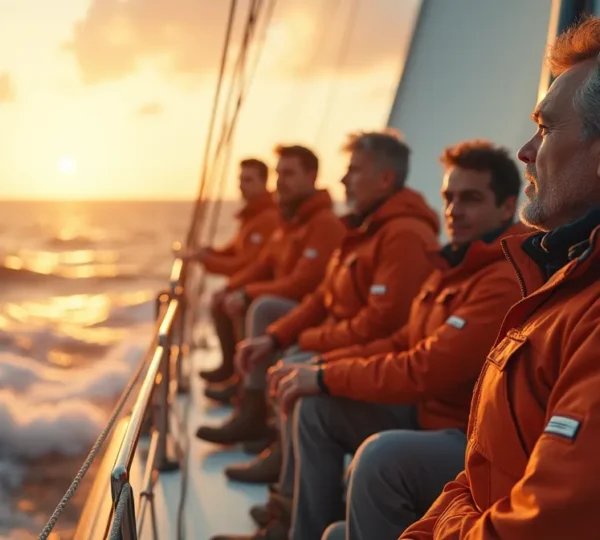 Un skipper dirigeant son équipage sur un voilier en pleine mer, symbolisant le leadership et la cohésion d'équipe en navigation