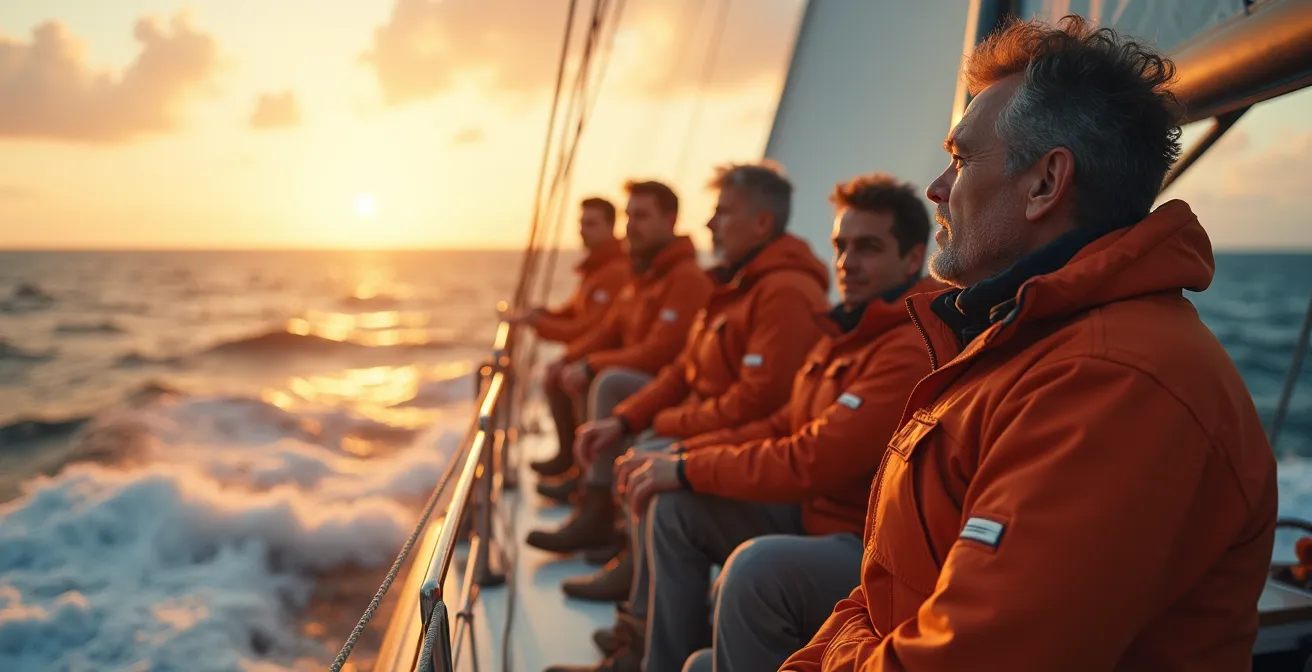 Un skipper dirigeant son équipage sur un voilier en pleine mer, symbolisant le leadership et la cohésion d'équipe en navigation