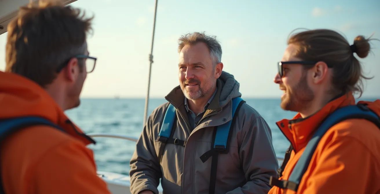 Un skipper accueuillant et expliquant les rôles à de nouveaux équipiers souriants à bord d’un voilier