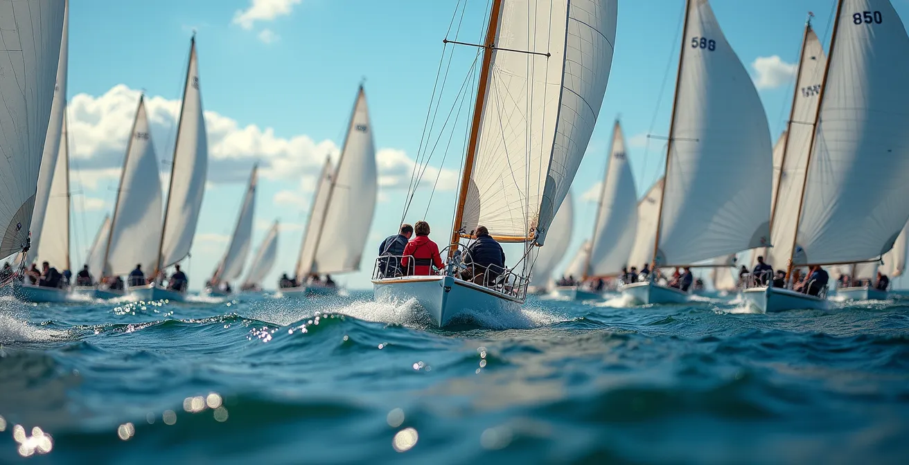 Voiliers engagés en zone des 3 longueurs autour d’une bouée de régate, avec un bateau à l’intérieur bénéficiant du droit de passage stratégique