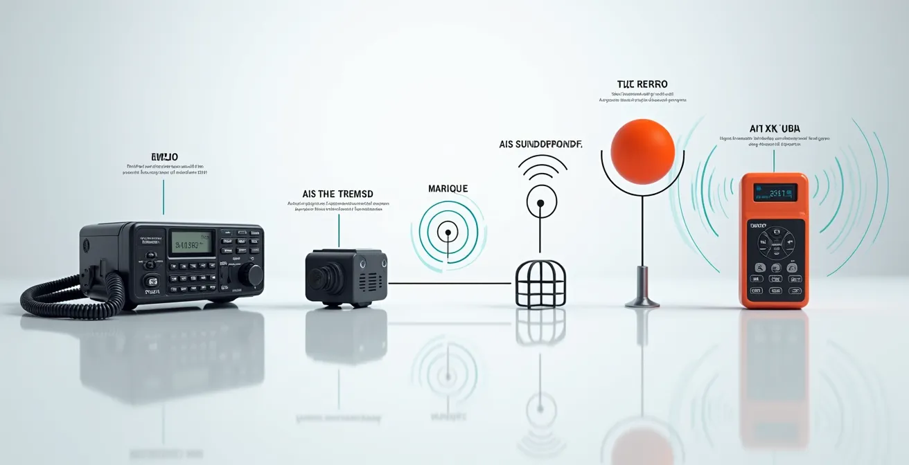 Représentation symbolique des appareils VHF, AIS et EPIRB avec connexions et portée d'alerte, dans un style minimaliste et clair