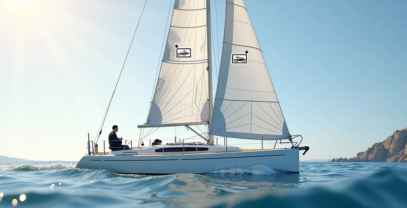 Schéma détaillé du triangle magique de la grand-voile, montrant l'interaction entre écoute, chariot et hâle-bas sur un voilier.