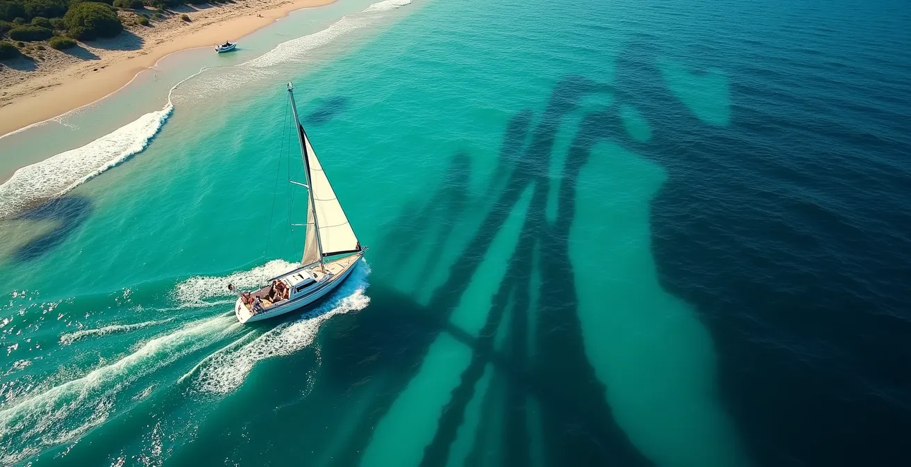 Vue aérienne dynamique montrant un voilier naviguant dans des veines de courant favorables près des côtes, avec des annotations indiquant les courants et les zones de marée