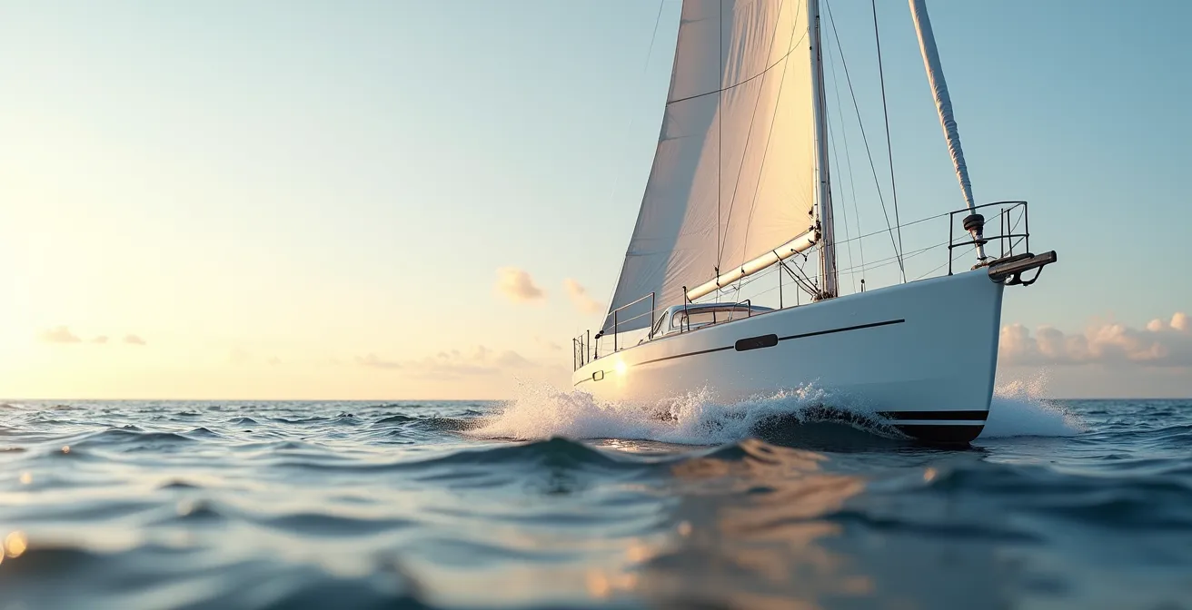 Vue de profil d'un voilier avec l'étrave relevée montrant l'assiette longitudinale optimale