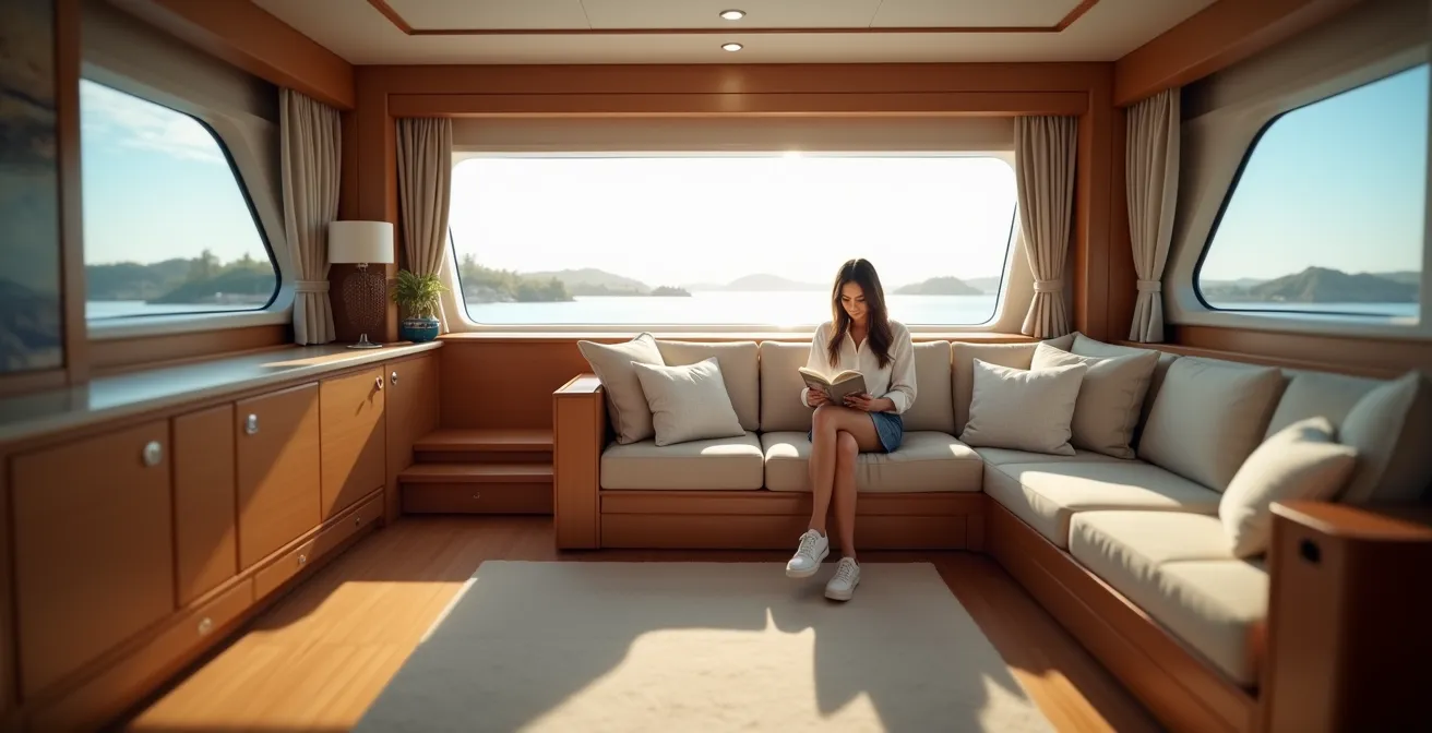 Intérieur lumineux d'une cabine arrière de voilier moderne avec grande hauteur sous barrot