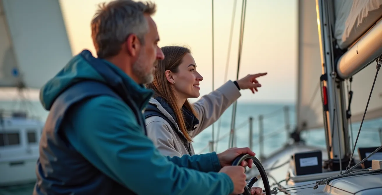 Coach de voile observant et guidant un élève à la barre, perspective arrière