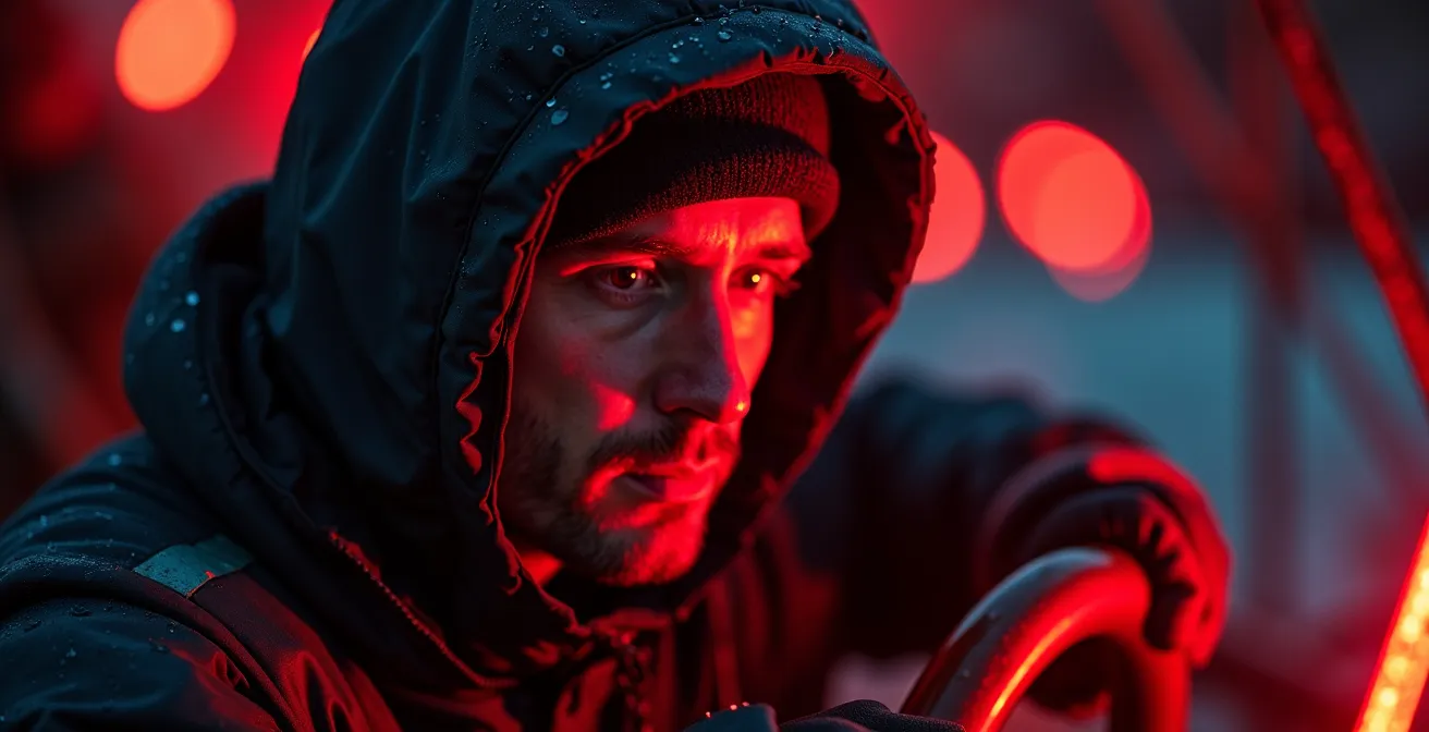 Cockpit de voilier aménagé pour le gros temps avec éclairage rouge et marquages phosphorescents
