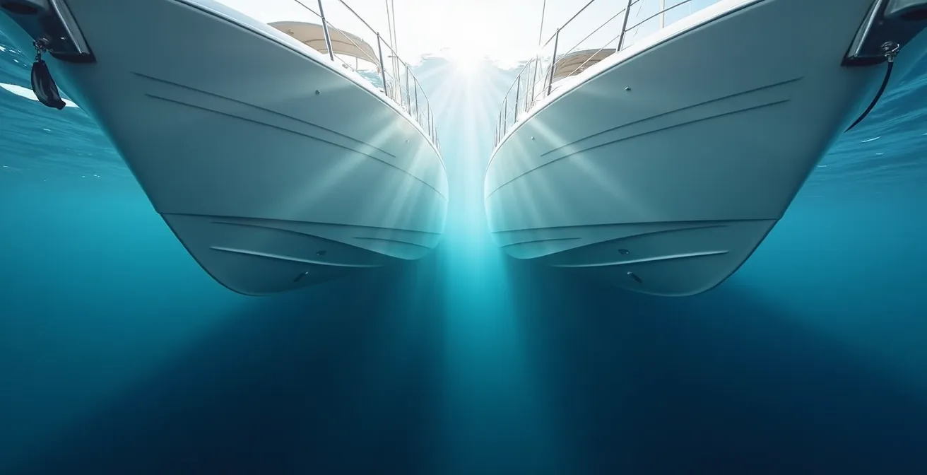 Vue sous-marine comparant deux coques de voiliers, l'une à bouchain vif, l'autre aux formes rondes