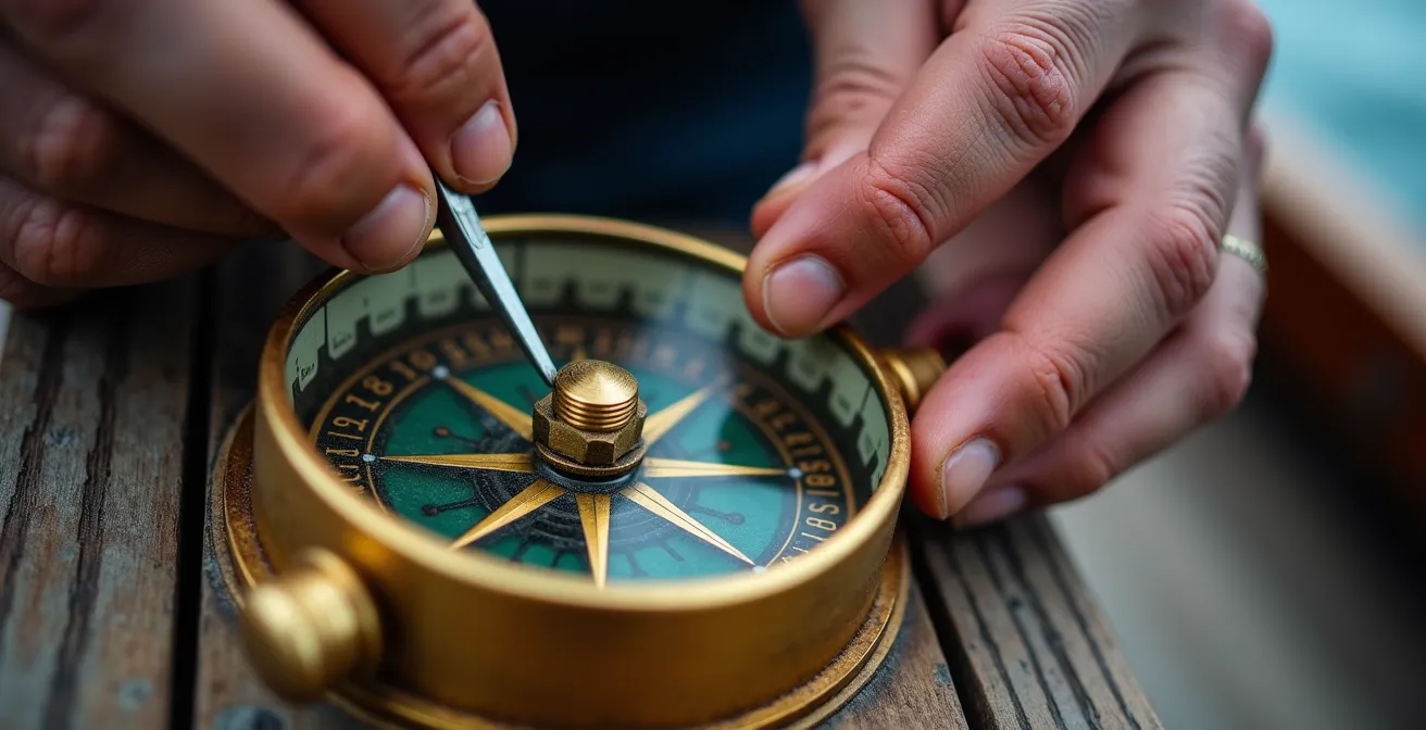 Gros plan sur les mains d'un marin ajustant les compensateurs d'un compas de route