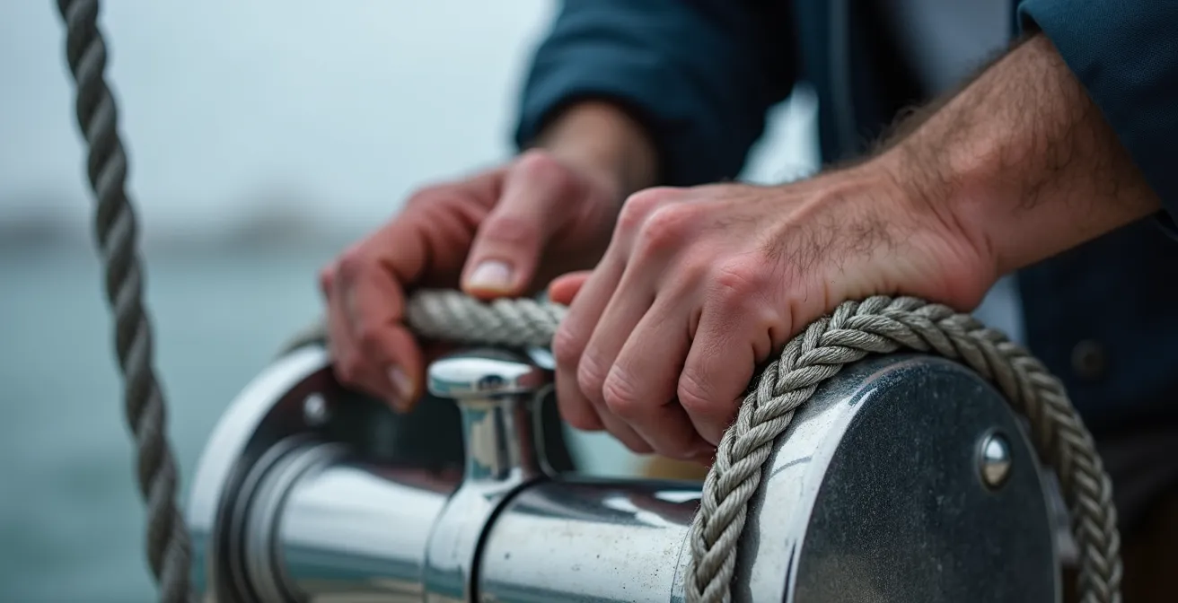 Gros plan sur un cordage haute performance enroulé sur un winch de voilier