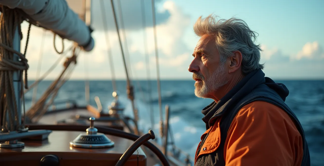 Marin contemplant l'horizon depuis le pont d'un voilier avec des nuages révélateurs au loin