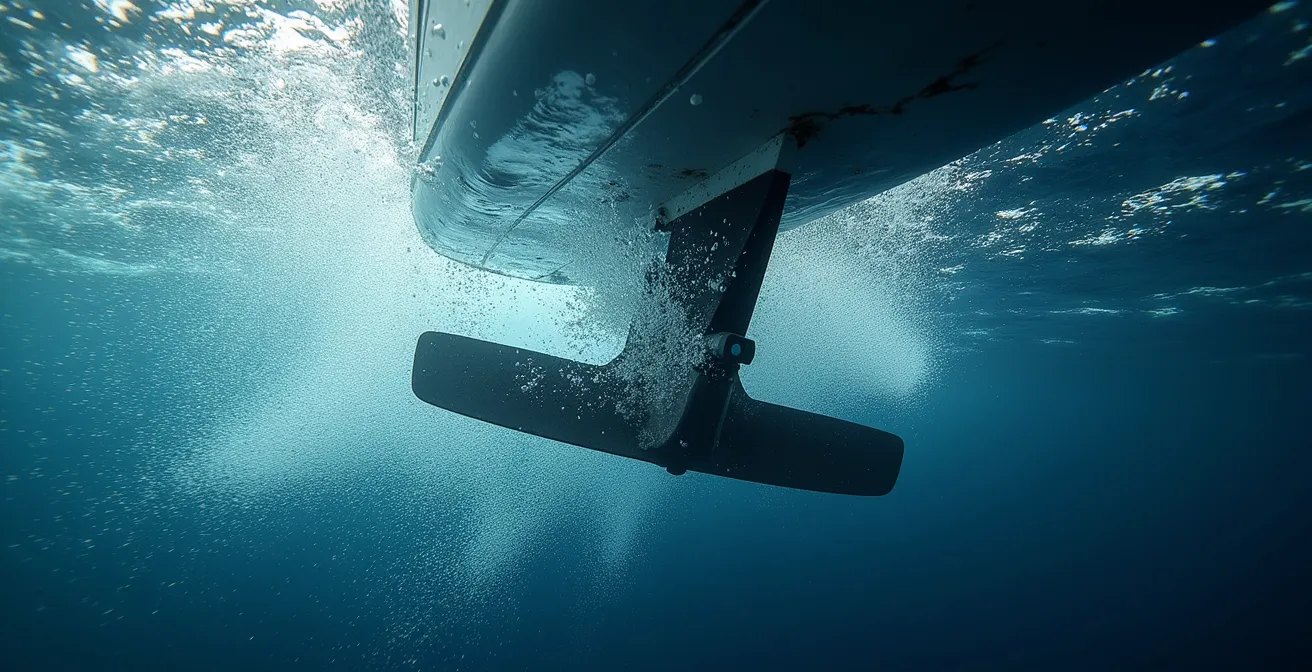 Vue sous-marine montrant les turbulences autour d'un safran en décrochage
