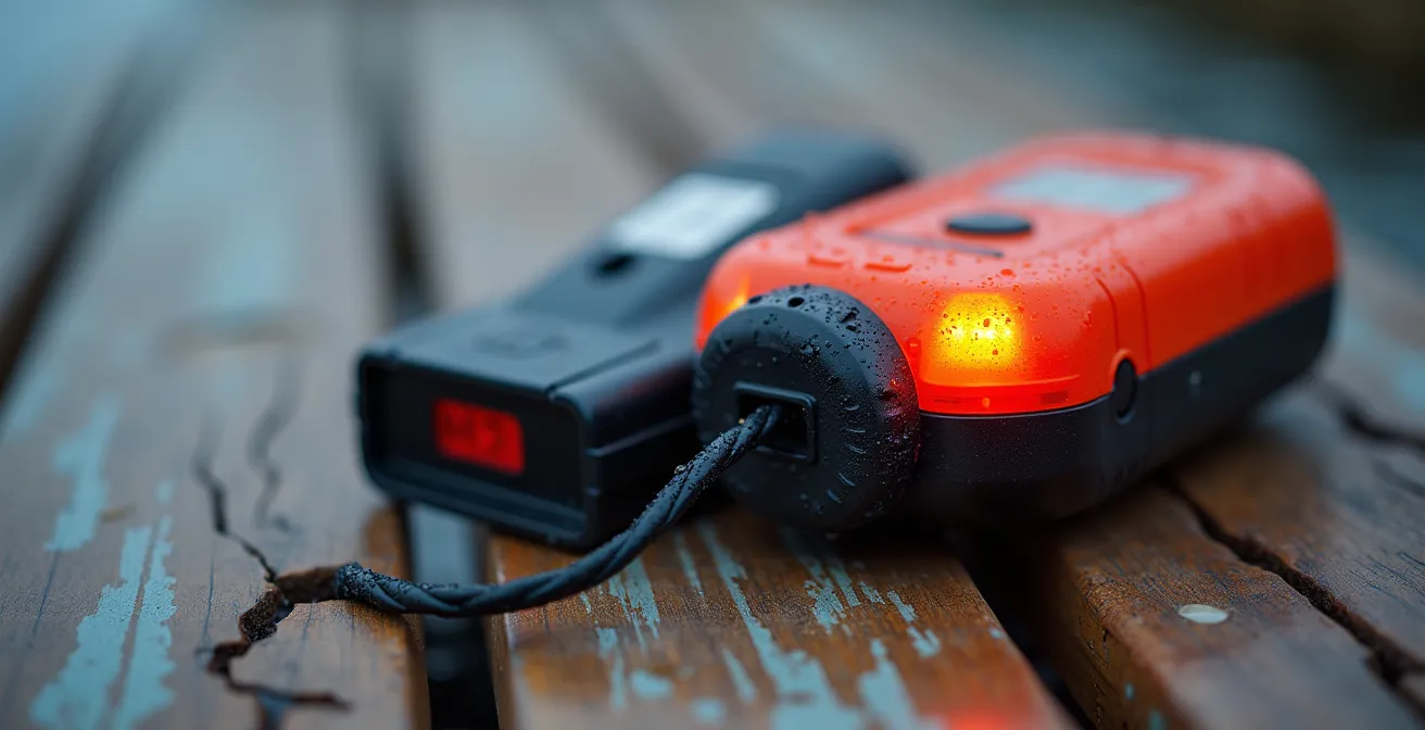 Dispositifs lumineux de sécurité pour homme à la mer disposés sur une surface