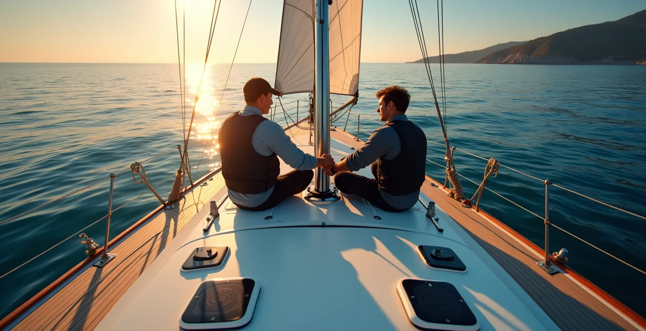 Deux marins en parfaite synchronisation sur un voilier de course