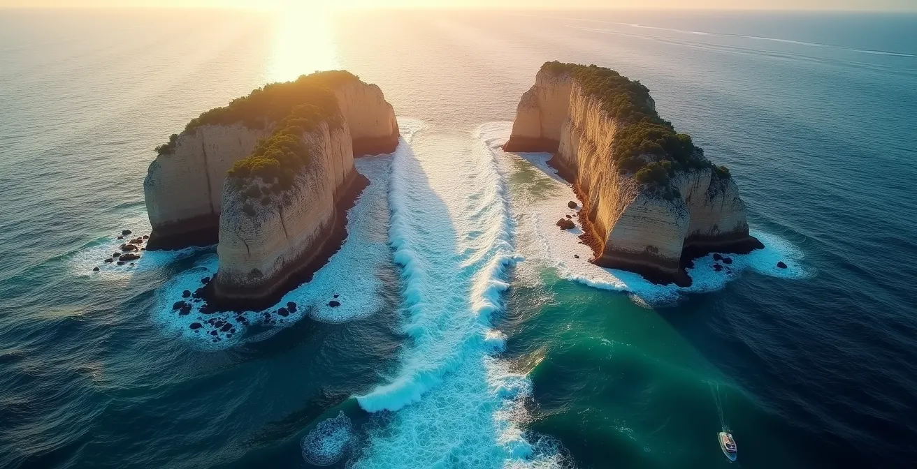 Vue aérienne d'un détroit maritime montrant l'accélération du vent entre deux îles