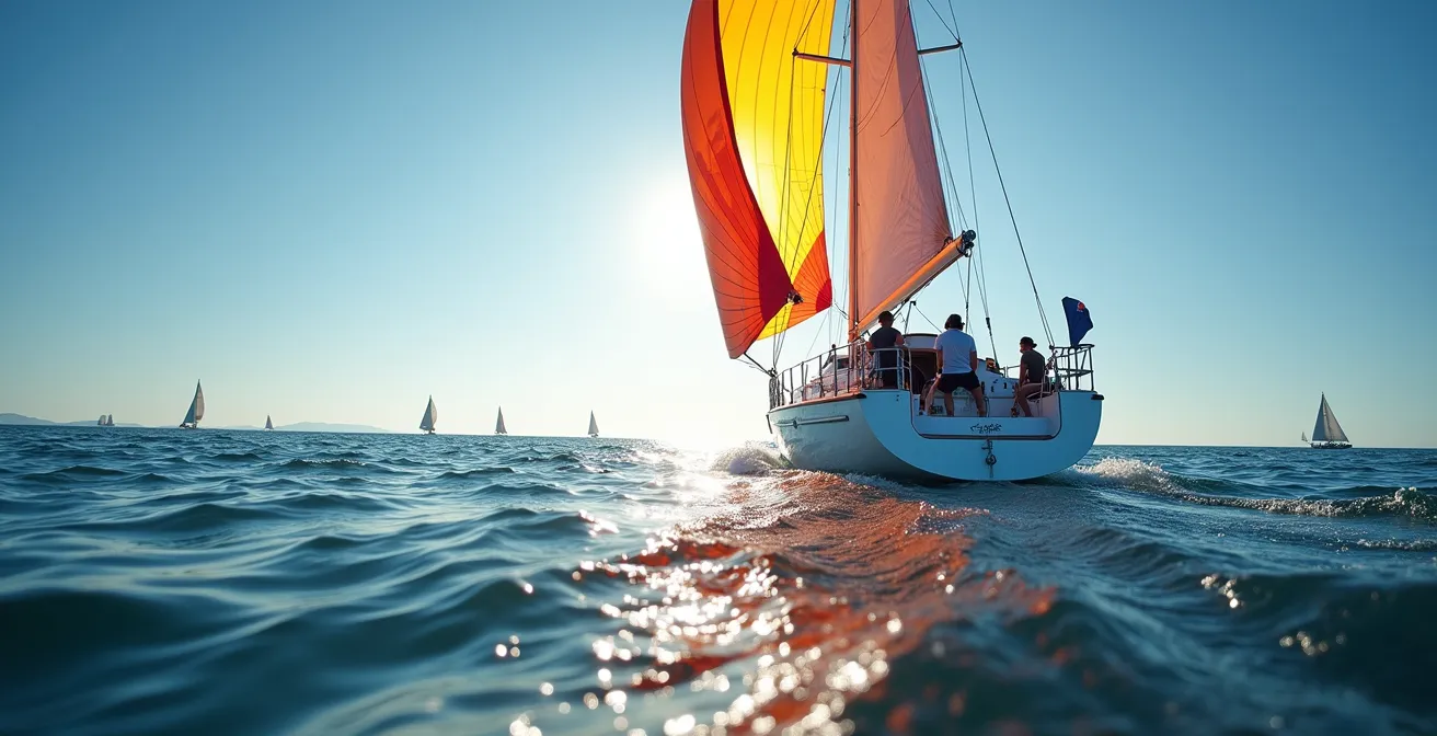 Vue large d'un voilier en plein empannage sous spinnaker avec l'équipage en action coordonnée