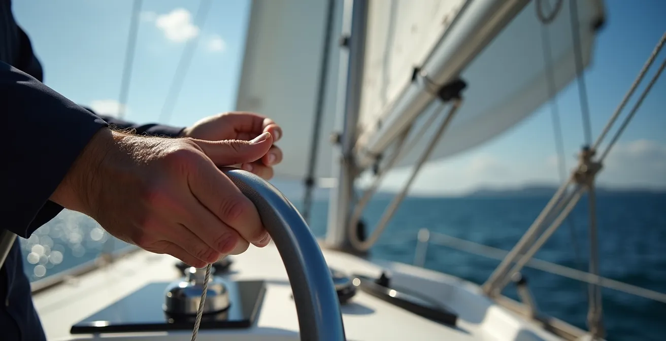 Vue rapprochée des commandes de grand-voile dans le cockpit d'un voilier moderne