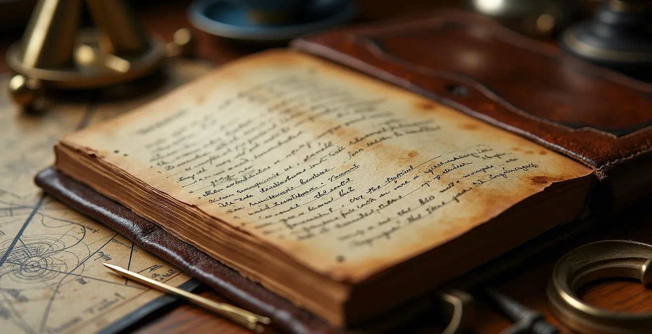 Carnet de bord maritime ouvert avec annotations manuscrites et instruments de navigation disposés autour