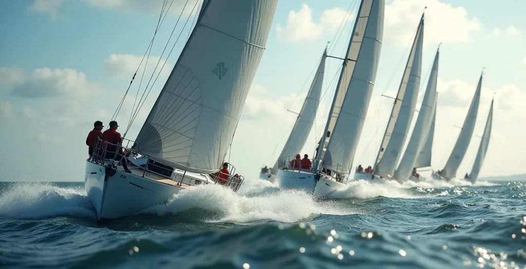 Voiliers de course identiques en pleine régate, illustrant l'équité et la pure compétence en monotypie.