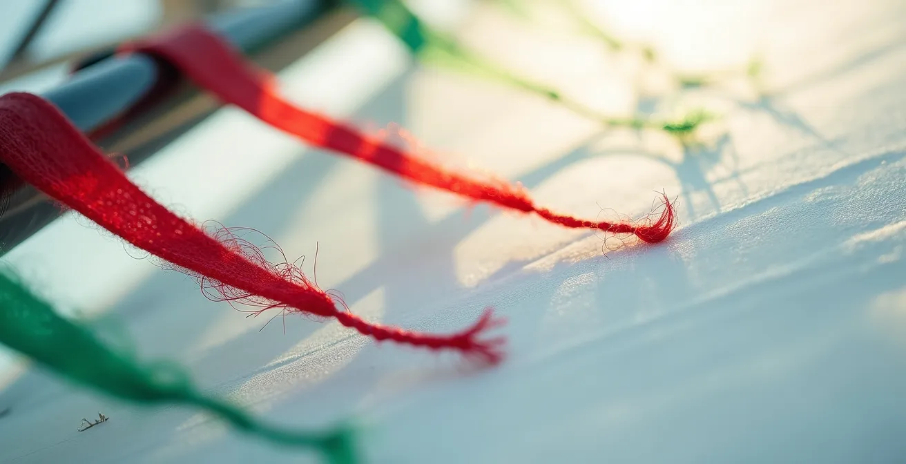 Vue macro de penons colorés sur une voile montrant l'écoulement laminaire de l'air