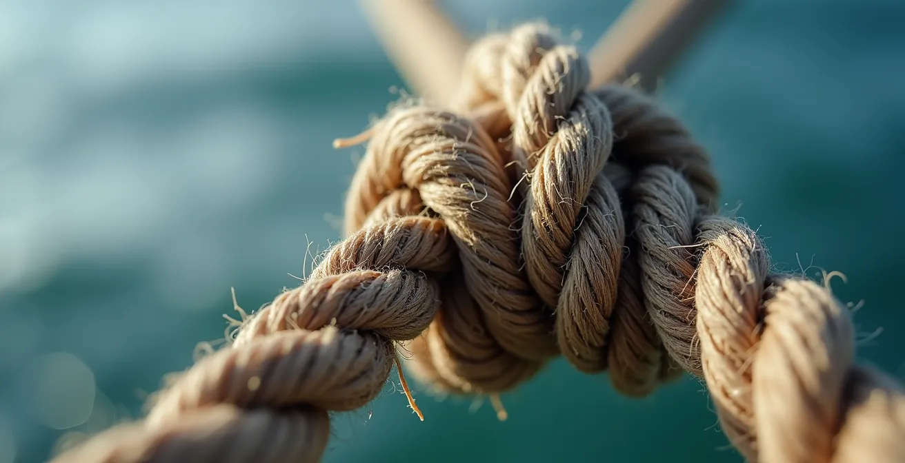 Détail macro d'un nœud de chaise parfaitement exécuté sur cordage marin
