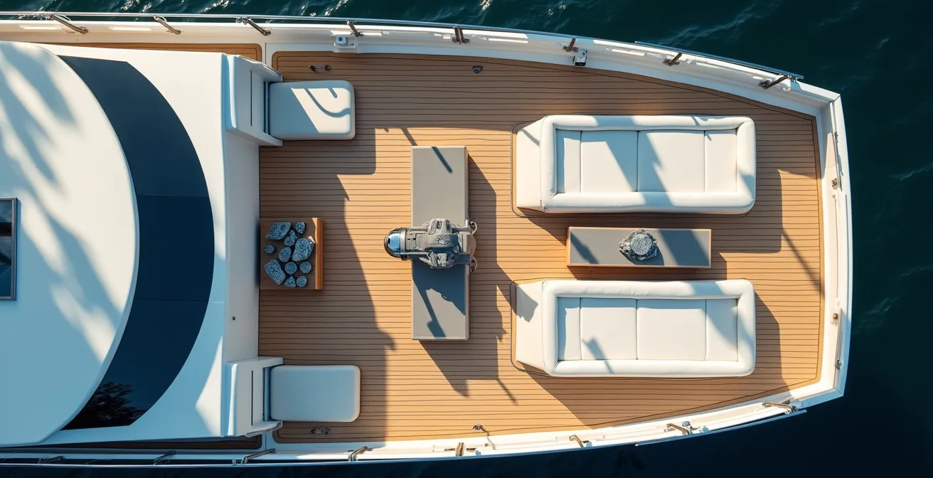 Vue aérienne d'un pont de voilier organisé en trois zones distinctes avec circulation fluide