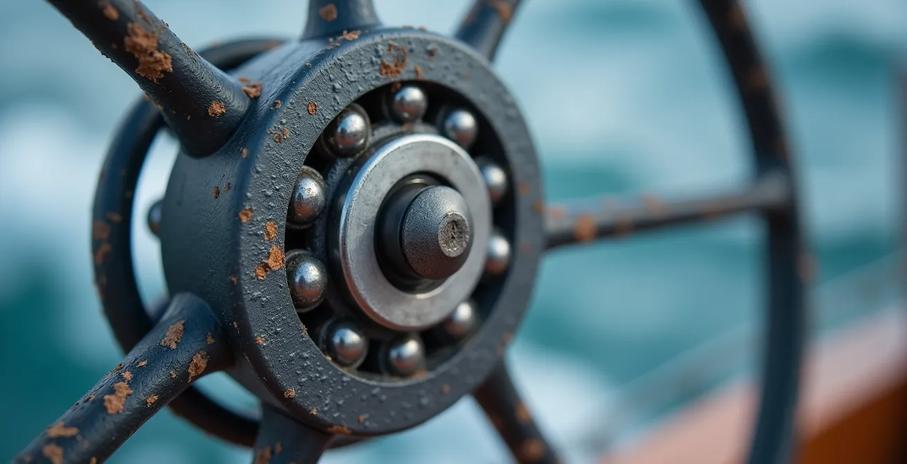 Vue macro d'une poulie marine avec roulements à billes visibles