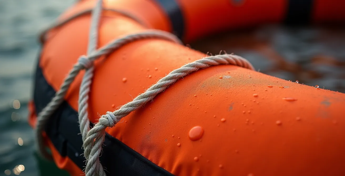 Radeau de survie gonflé en mer à côté d'un voilier