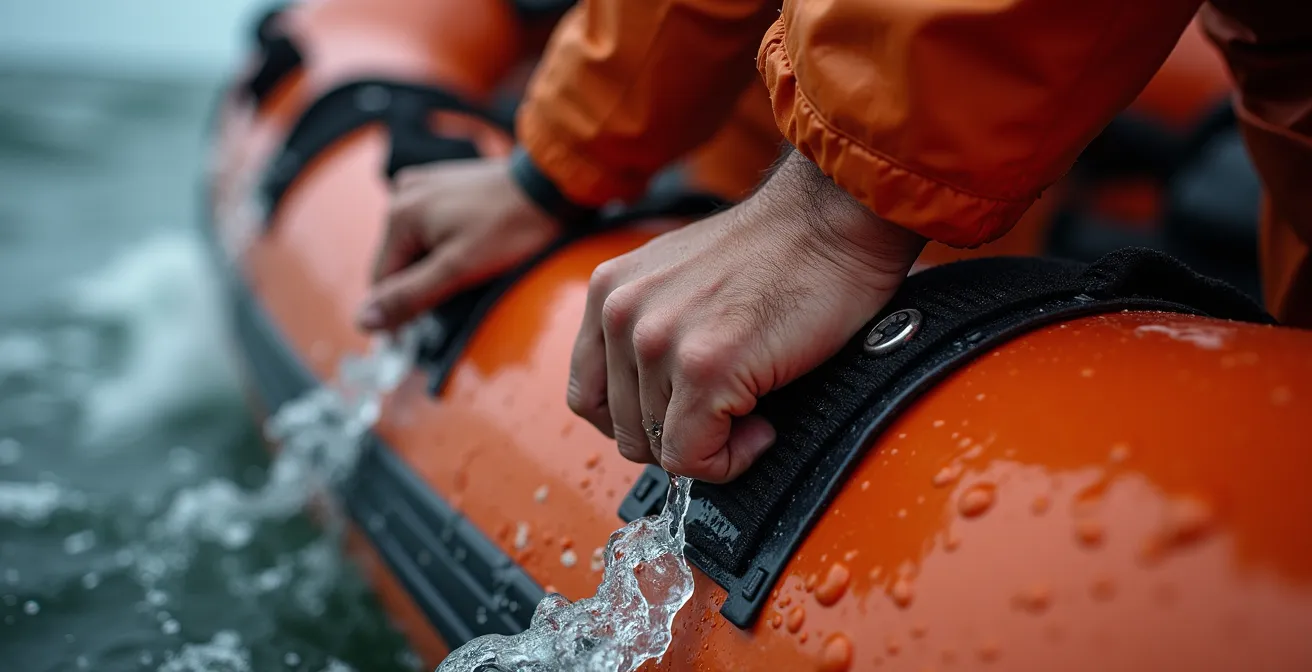 Procédure d'embarquement coordonnée dans un radeau de survie en mer agitée